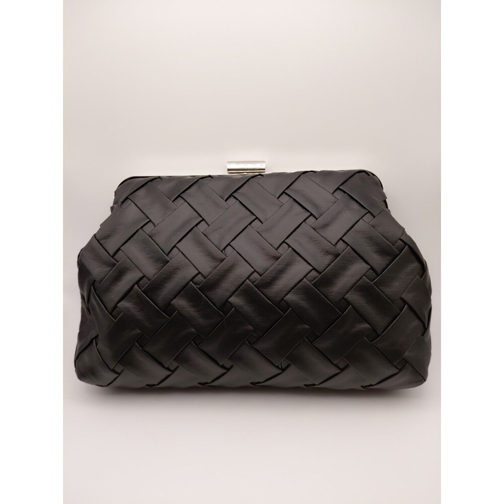 GUNNE SAX Black Woven Faux Leather Clutch Purse Metal Frame Evening Wedding